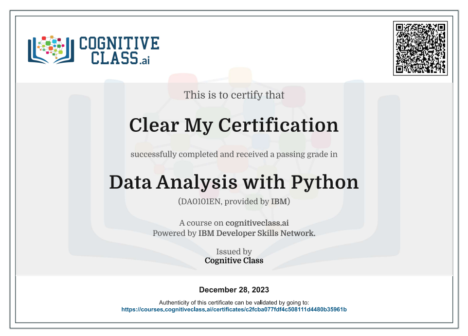 Data Analysis with Python Cognitive Class Exam Quiz Answers