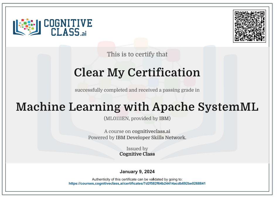 Machine Learning with Apache SystemML Cognitive Class Exam Quiz Answers