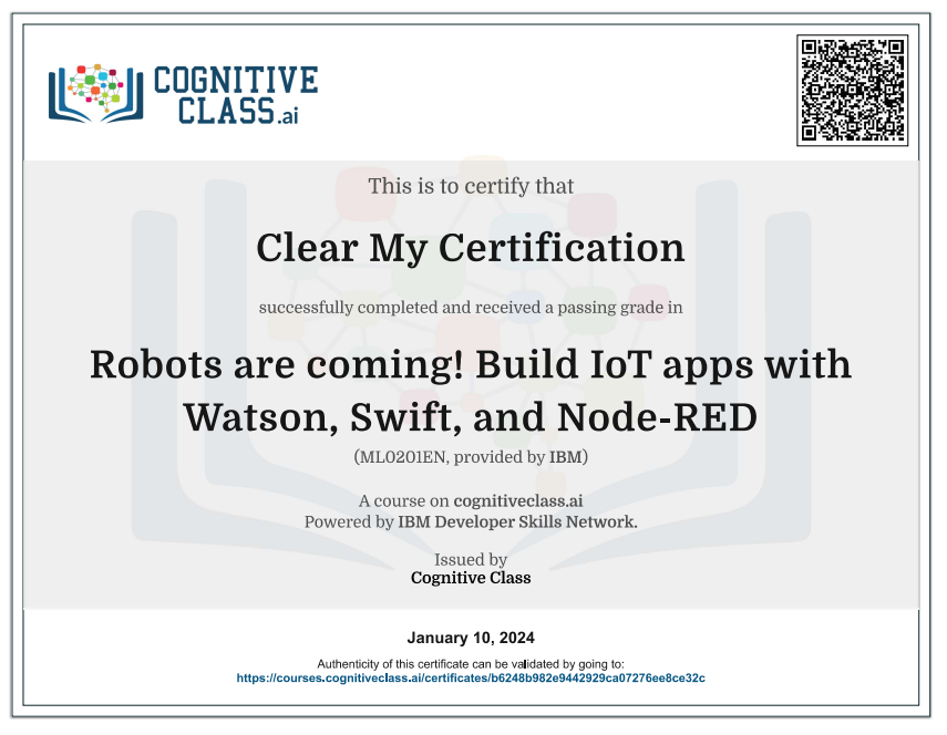 Robots are coming! Build IoT apps with Watson, Swift, and Node-RED Cognitive Class Exam Quiz Answers